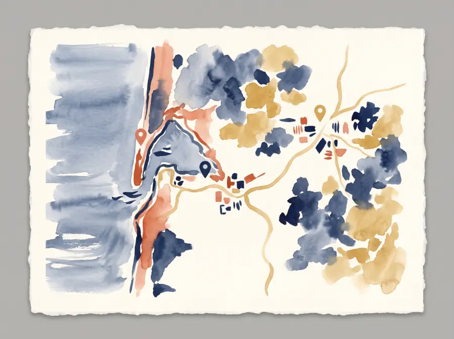 Carte illustrée à l'aquarelle de la zone d'intervention, de Hostens jusqu'au Bassin d'Arcachon, avec Le Barp et Bordeaux