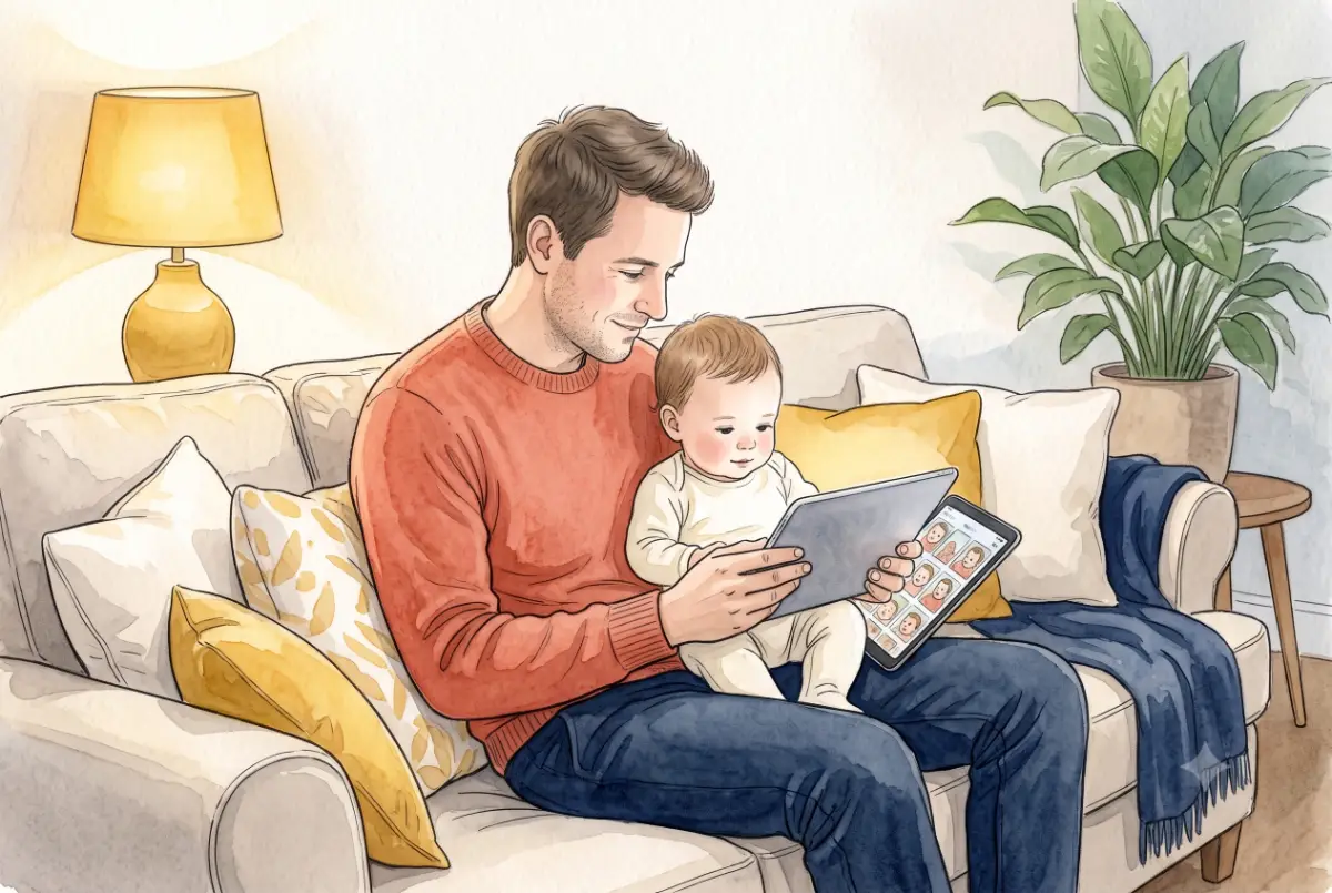 Parent et bébé regardant la galerie photo privée sur une tablette à la maison — aquarelle réaliste