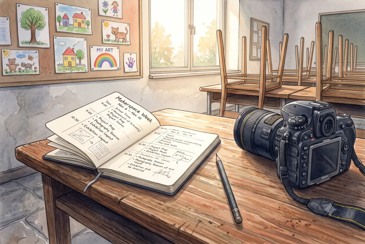Carnet de planning et appareil photo posés sur un bureau dans une classe vide — préparation d'une journée photo scolaire, aquarelle réaliste