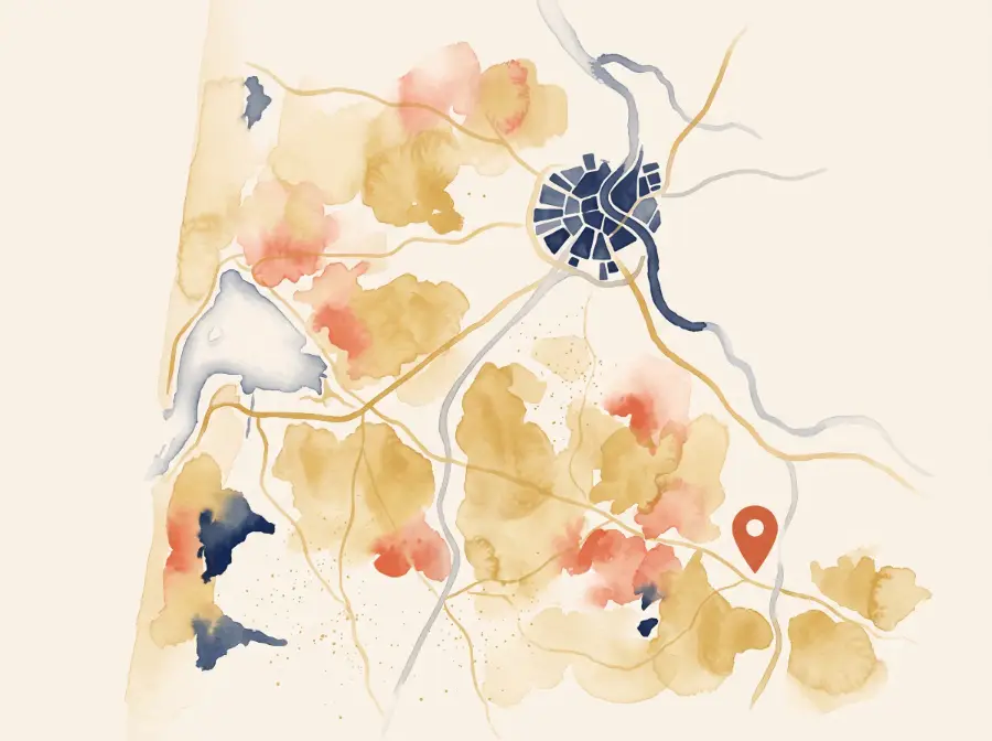 Carte aérienne illustrée à l'aquarelle situant le studio de Photo Vidéo Scolaire à Hostens, entre le Bassin d'Arcachon et Bordeaux