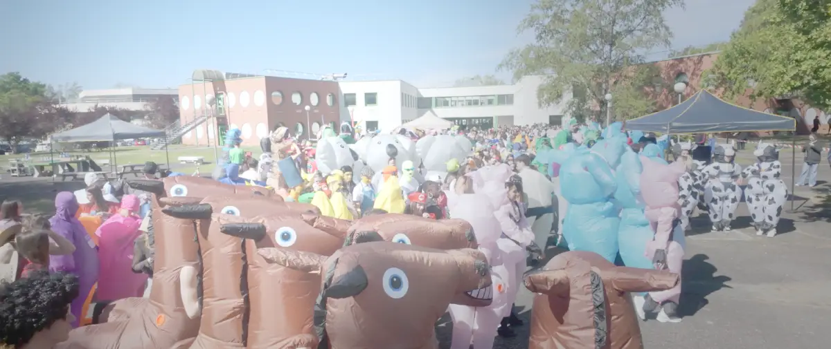 Foule d'élèves en costumes gonflables colorés (animaux, licornes, vaches) rassemblés dans la cour du Lycée Sud Médoc lors des olympiades