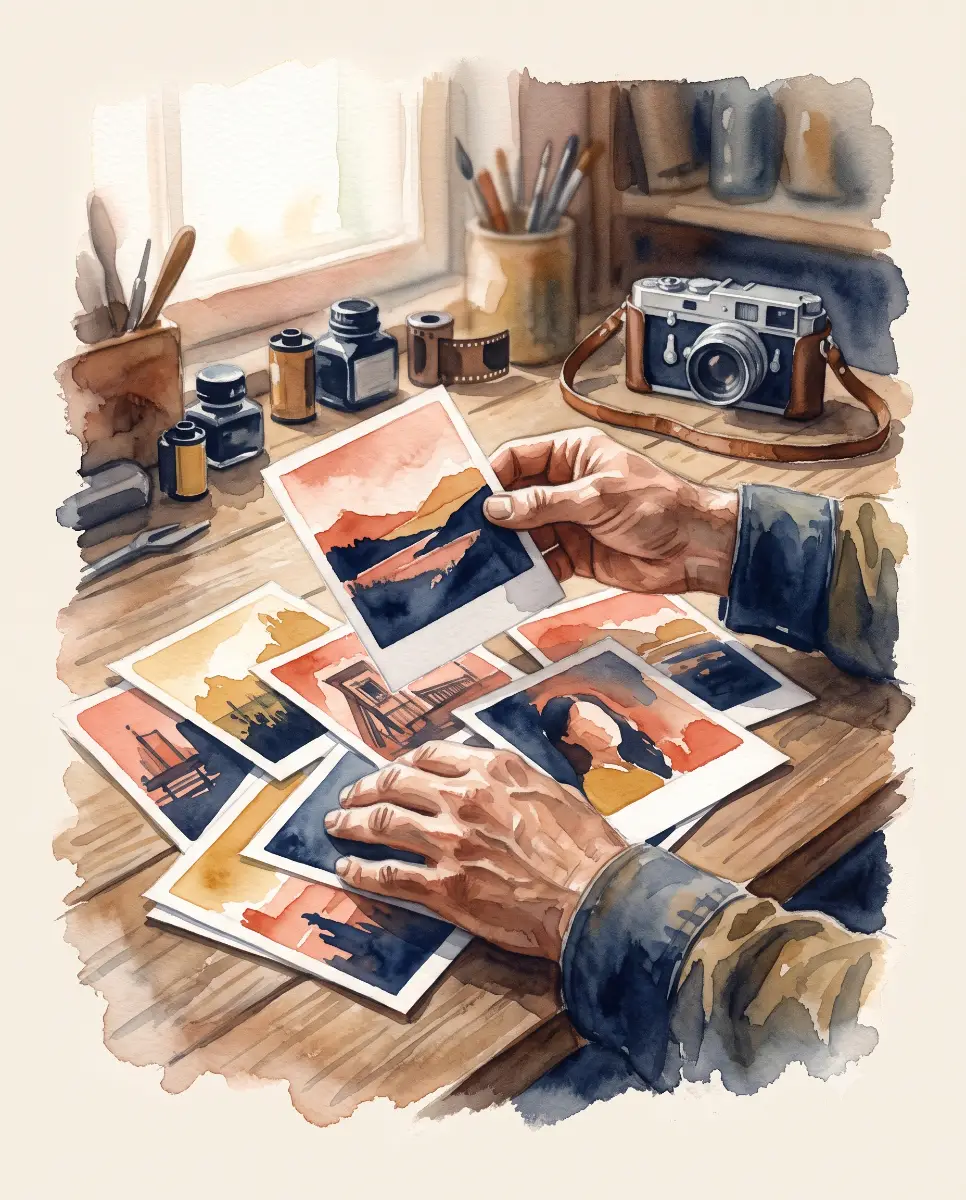 Illustration aquarelle des mains d'un photographe artisan examinant des tirages photo — travail soigné, loin de l'industrie