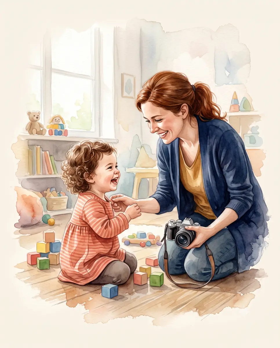 Illustration aquarelle d'un photographe accroupi jouant avec un tout-petit en crèche — approche douce et patiente