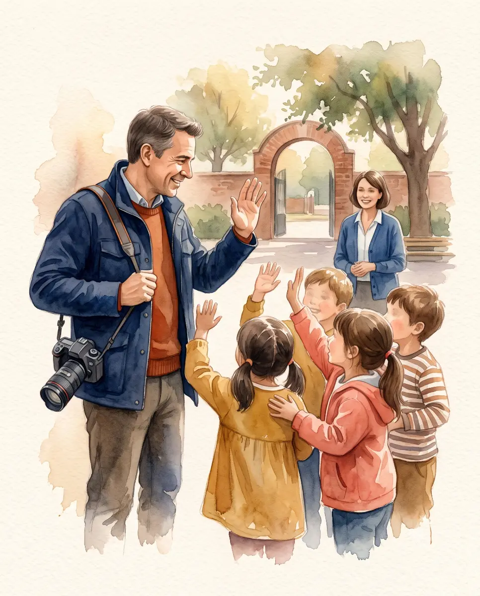 Illustration aquarelle d'enfants accueillant avec joie le photographe qu'ils connaissent dans la cour d'école — le même photographe année après année