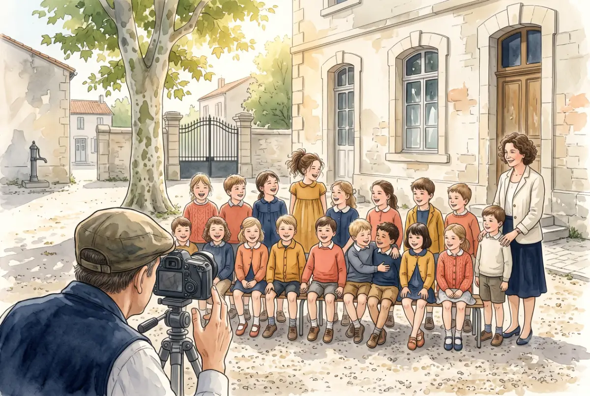 Illustration aquarelle d'une photo de classe dans la cour d'une école : photographe au trépied devant un groupe d'enfants assis sur un banc, accompagnés de leur enseignante