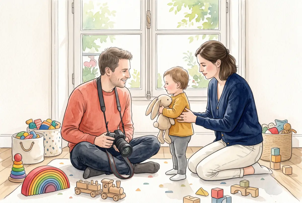Photographe assis au sol à hauteur d'un tout-petit dans une crèche, professionnelle à ses côtés, lumière naturelle — aquarelle réaliste