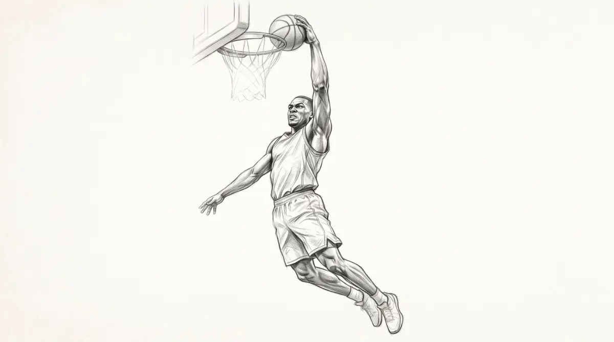 basketteur-dunk-illustration-crayon-photographe-club-sportif Illustration au crayon d'un basketteur au dunk illustrant l'article sur le coût d'un photographe de club sportif