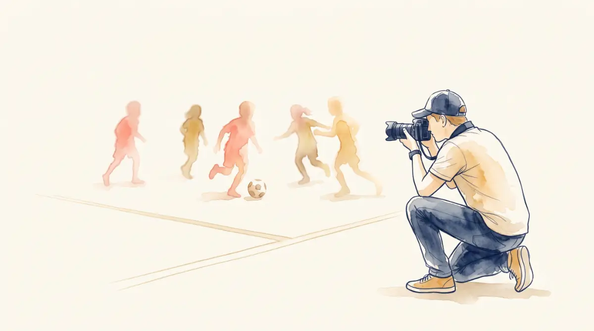 droit-image-terrain-sport-aquarelle-photographe-club-sportif Illustration aquarelle d'un photographe respectant le droit à l'image au bord d'un terrain, jeunes sportifs anonymisés — Photo Vidéo Scolaire